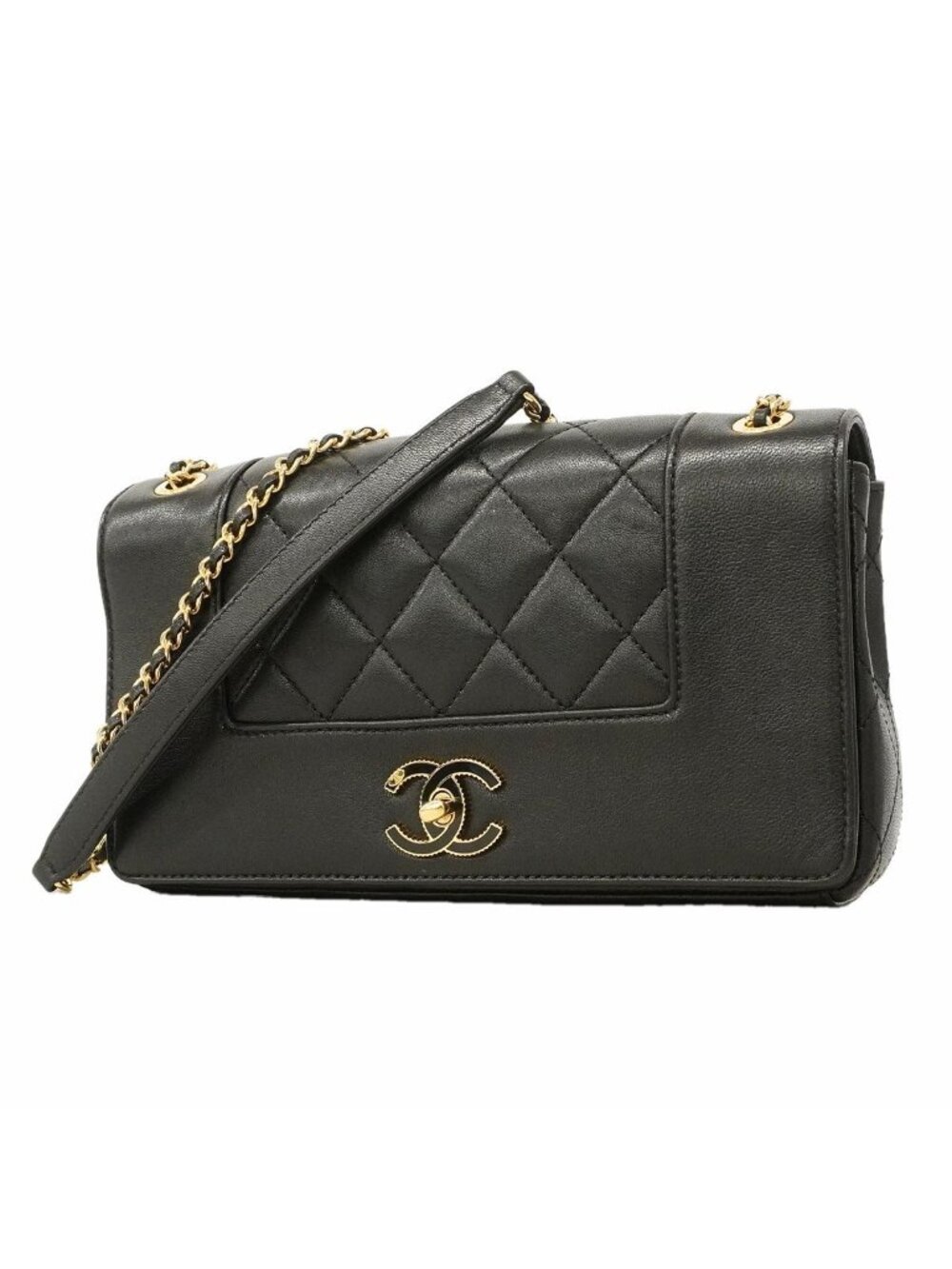 Chanel Shoulder Bag Mademoiselle Leather Black Gold